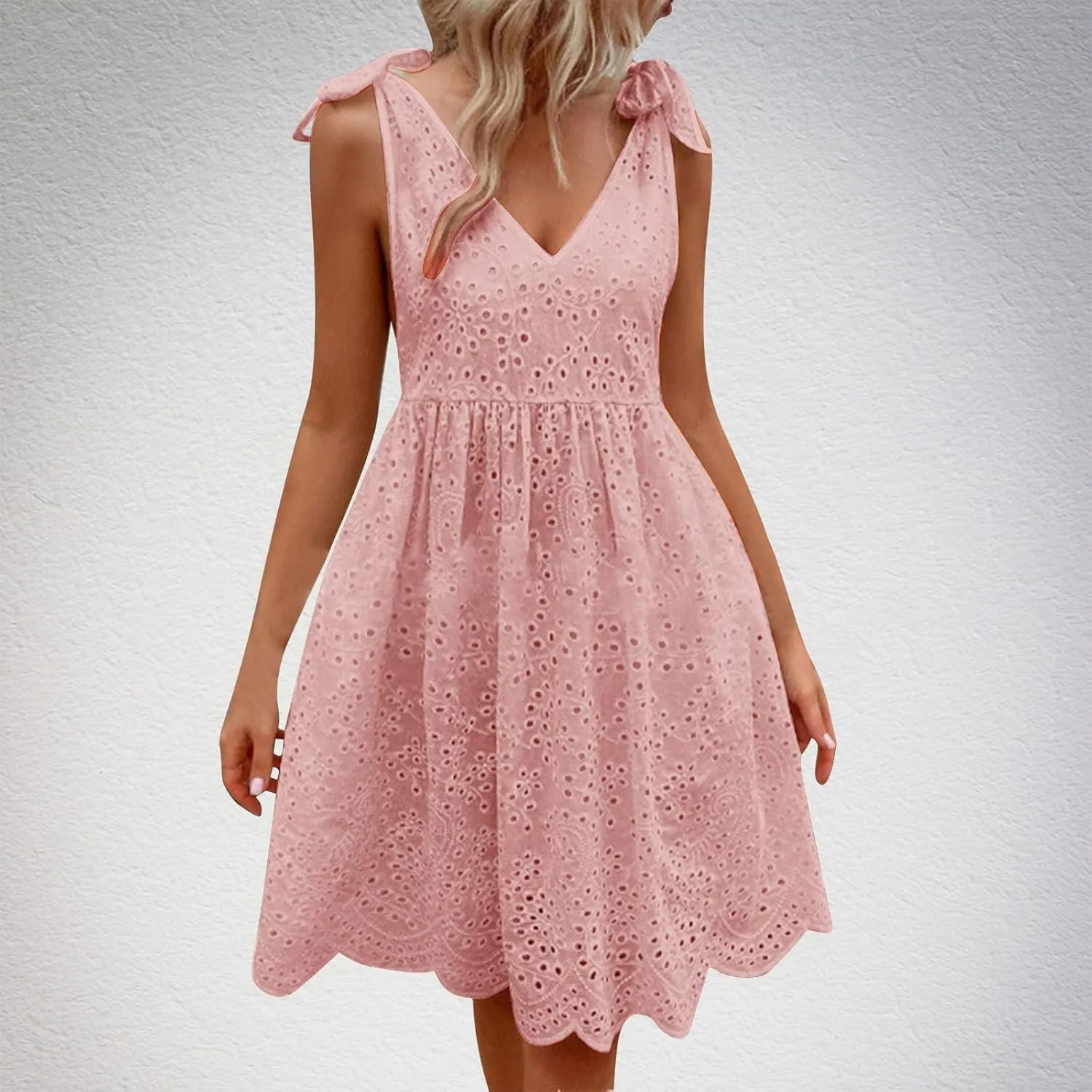 Womens Summer Casual Sleeveless V-Neck Tie Mini Dress Ruffle Pleated High Waist Tunic Dress Trendy Hollow Out Dress