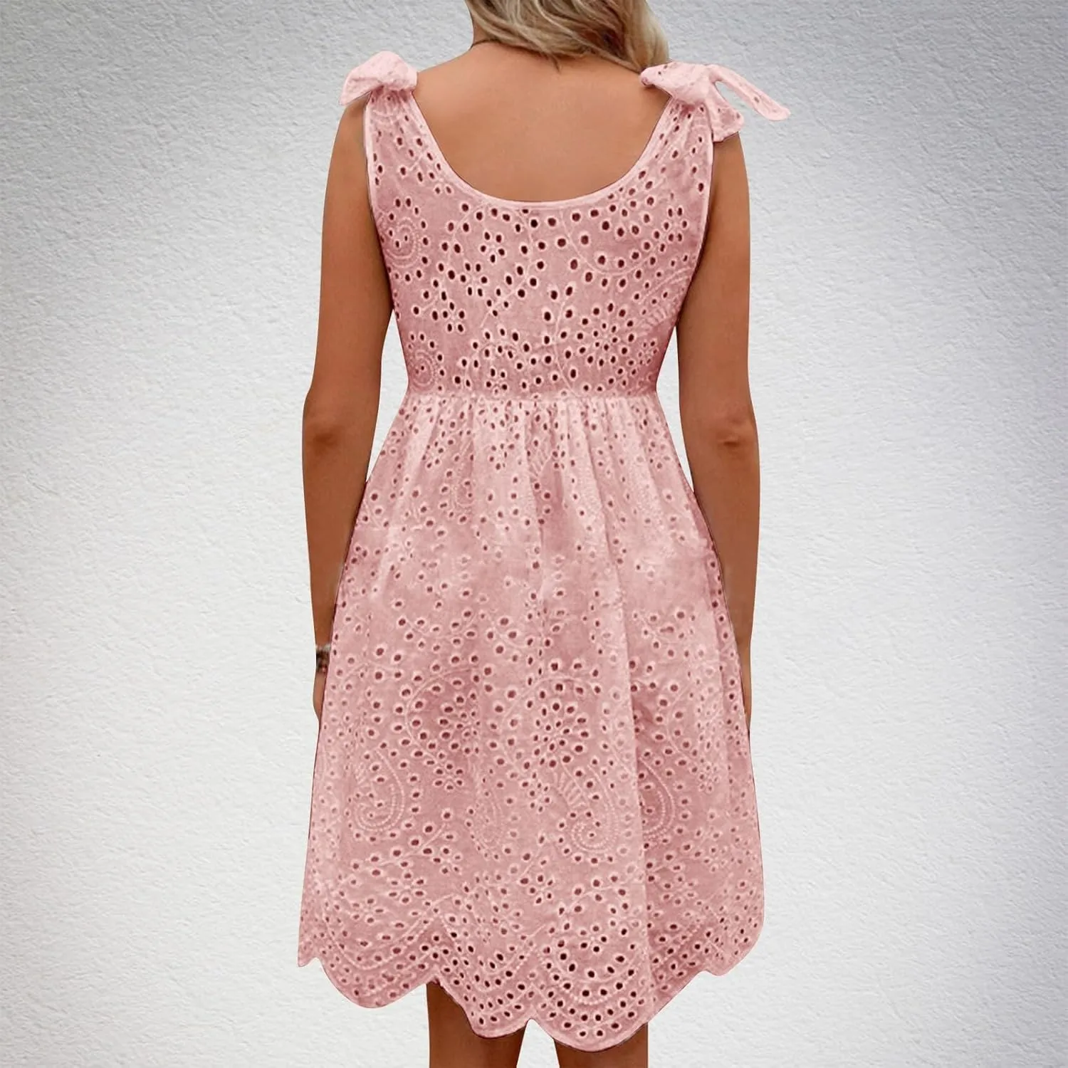 Womens Summer Casual Sleeveless V-Neck Tie Mini Dress Ruffle Pleated High Waist Tunic Dress Trendy Hollow Out Dress
