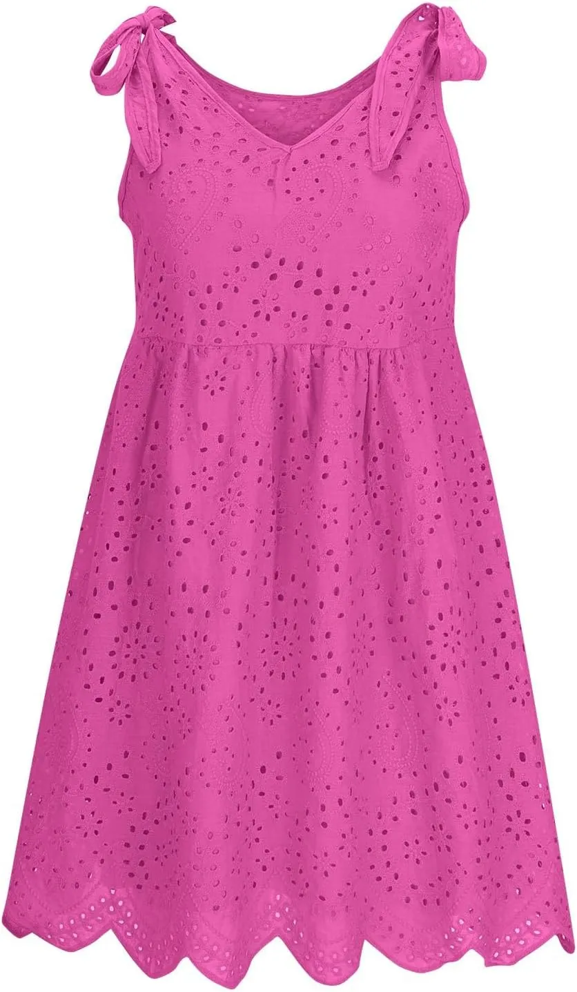 Womens Summer Casual Sleeveless V-Neck Tie Mini Dress Ruffle Pleated High Waist Tunic Dress Trendy Hollow Out Dress