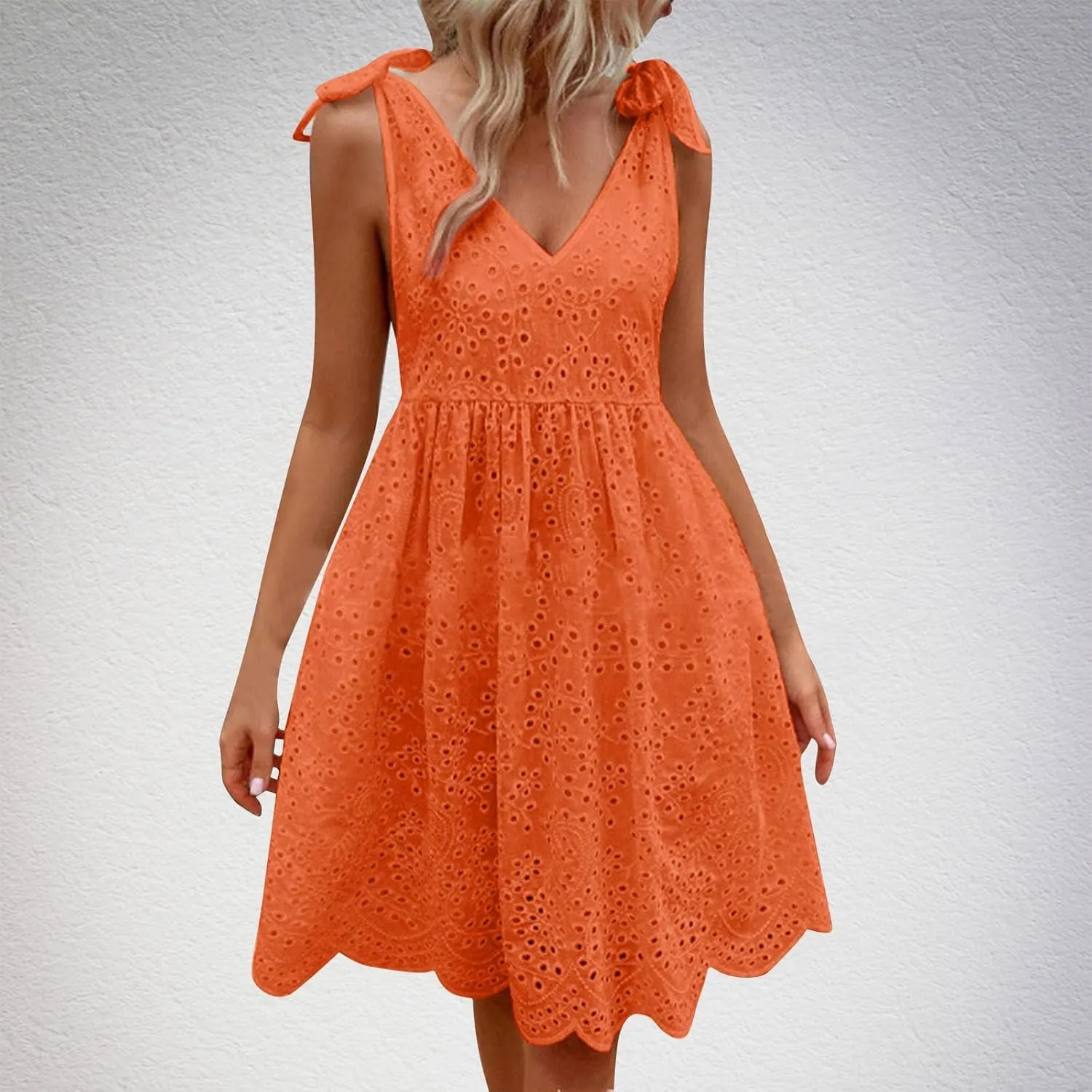 Womens Summer Casual Sleeveless V-Neck Tie Mini Dress Ruffle Pleated High Waist Tunic Dress Trendy Hollow Out Dress