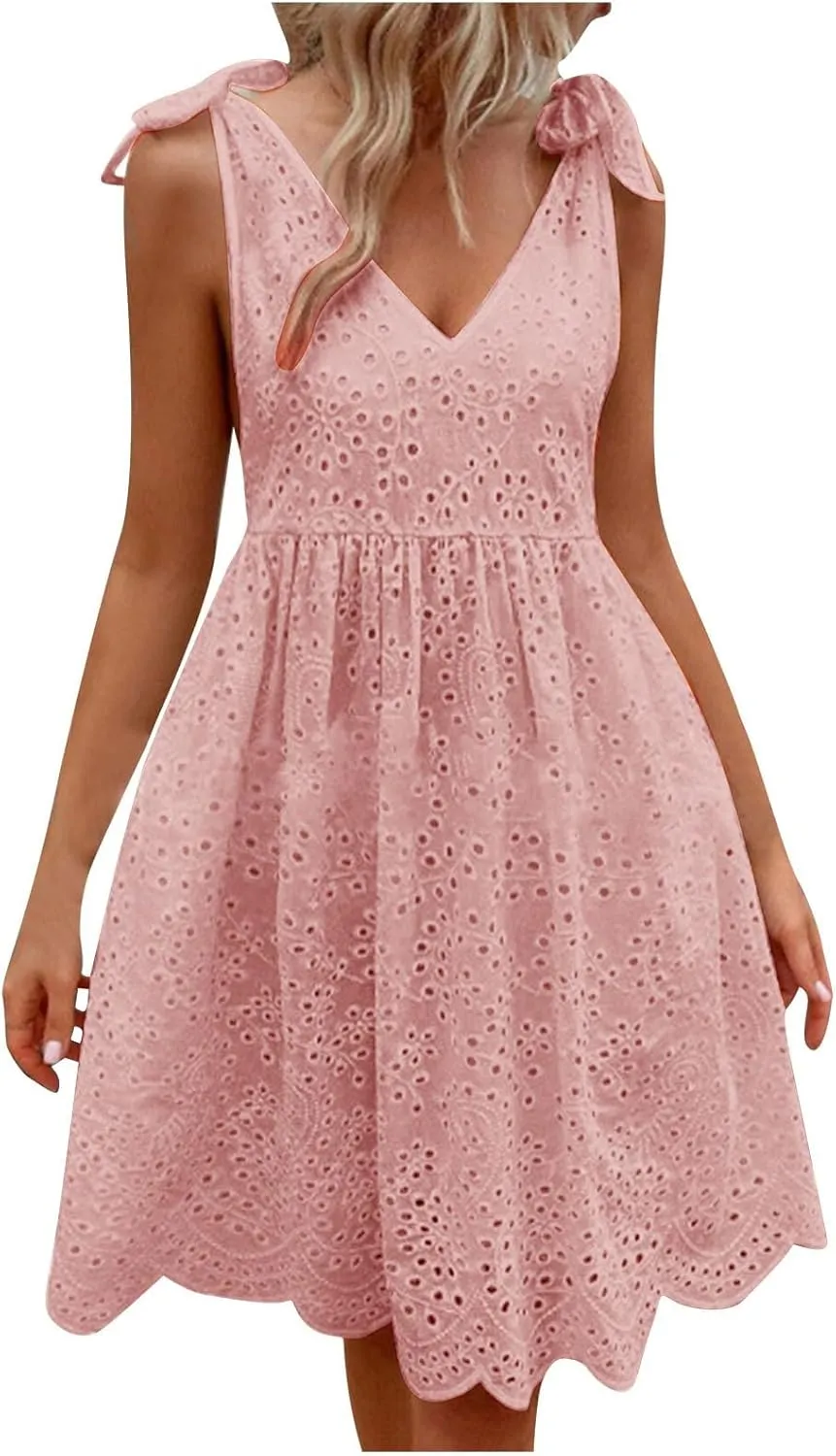 Womens Summer Casual Sleeveless V-Neck Tie Mini Dress Ruffle Pleated High Waist Tunic Dress Trendy Hollow Out Dress