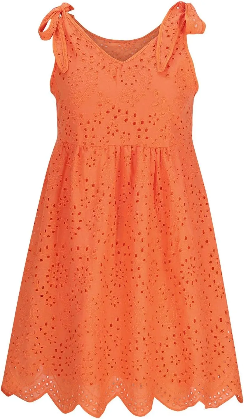 Womens Summer Casual Sleeveless V-Neck Tie Mini Dress Ruffle Pleated High Waist Tunic Dress Trendy Hollow Out Dress