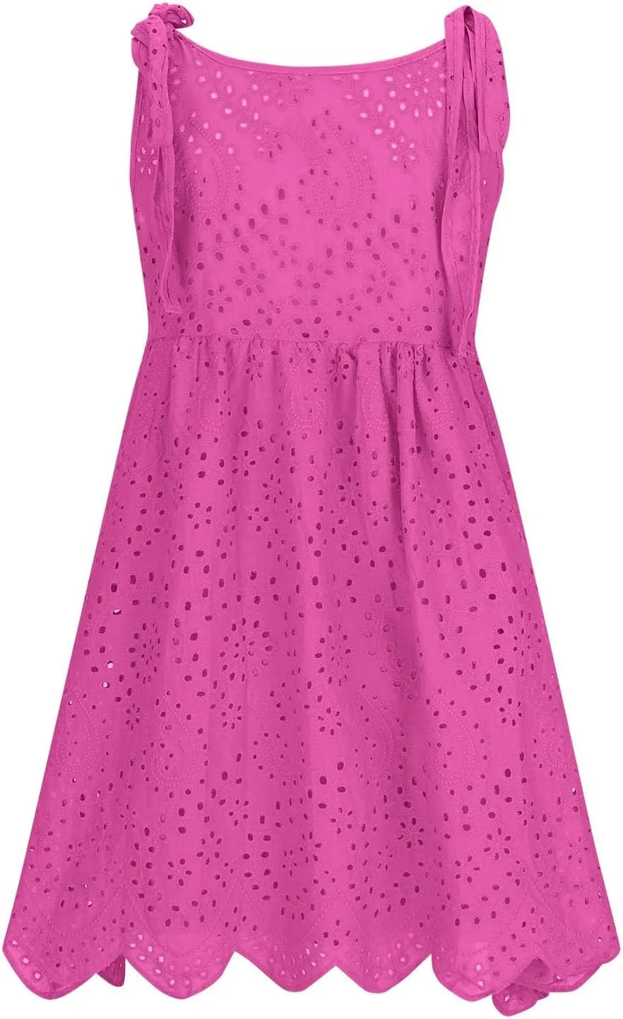 Womens Summer Casual Sleeveless V-Neck Tie Mini Dress Ruffle Pleated High Waist Tunic Dress Trendy Hollow Out Dress