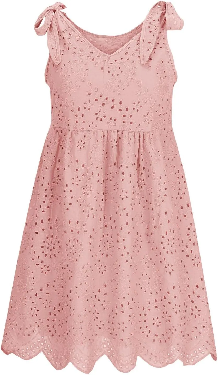 Womens Summer Casual Sleeveless V-Neck Tie Mini Dress Ruffle Pleated High Waist Tunic Dress Trendy Hollow Out Dress