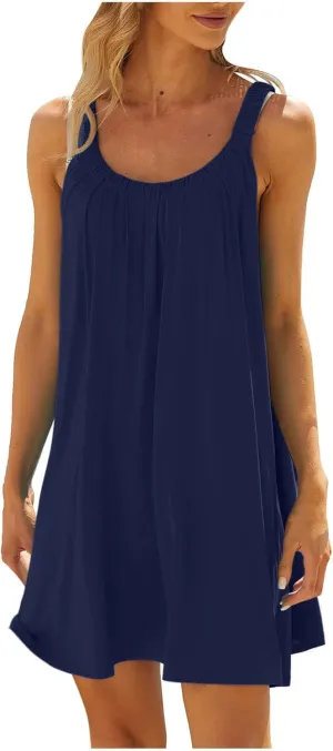 Womens Summer Dress Vacation 2024 Plus Size Solid Color Flowy Sun Dresses Casual Sleeveless Knee Length Dresses