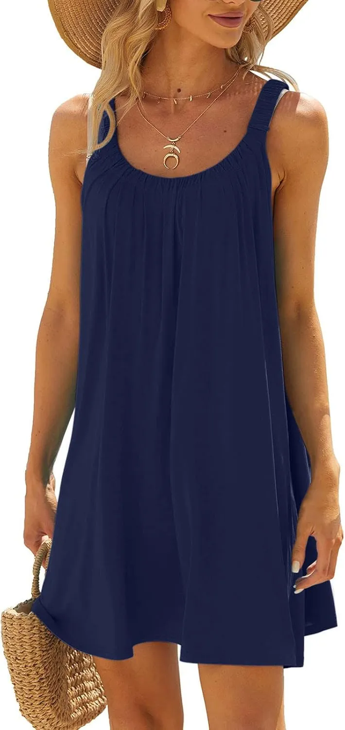 Womens Summer Dress Vacation 2024 Plus Size Solid Color Flowy Sun Dresses Casual Sleeveless Knee Length Dresses