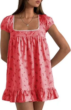 Women's Summer Mini Dress Y2k Cute Print Puff Sleeve Square Neck Ruffle Hem Flowy A-Line Short Dress