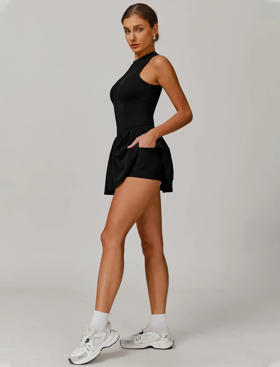 Womens Tennis Golf Dress with Built-in Bra Shorts Zipper Slim Fit A-line Hem Skirt Athletic Dresses with Pockets