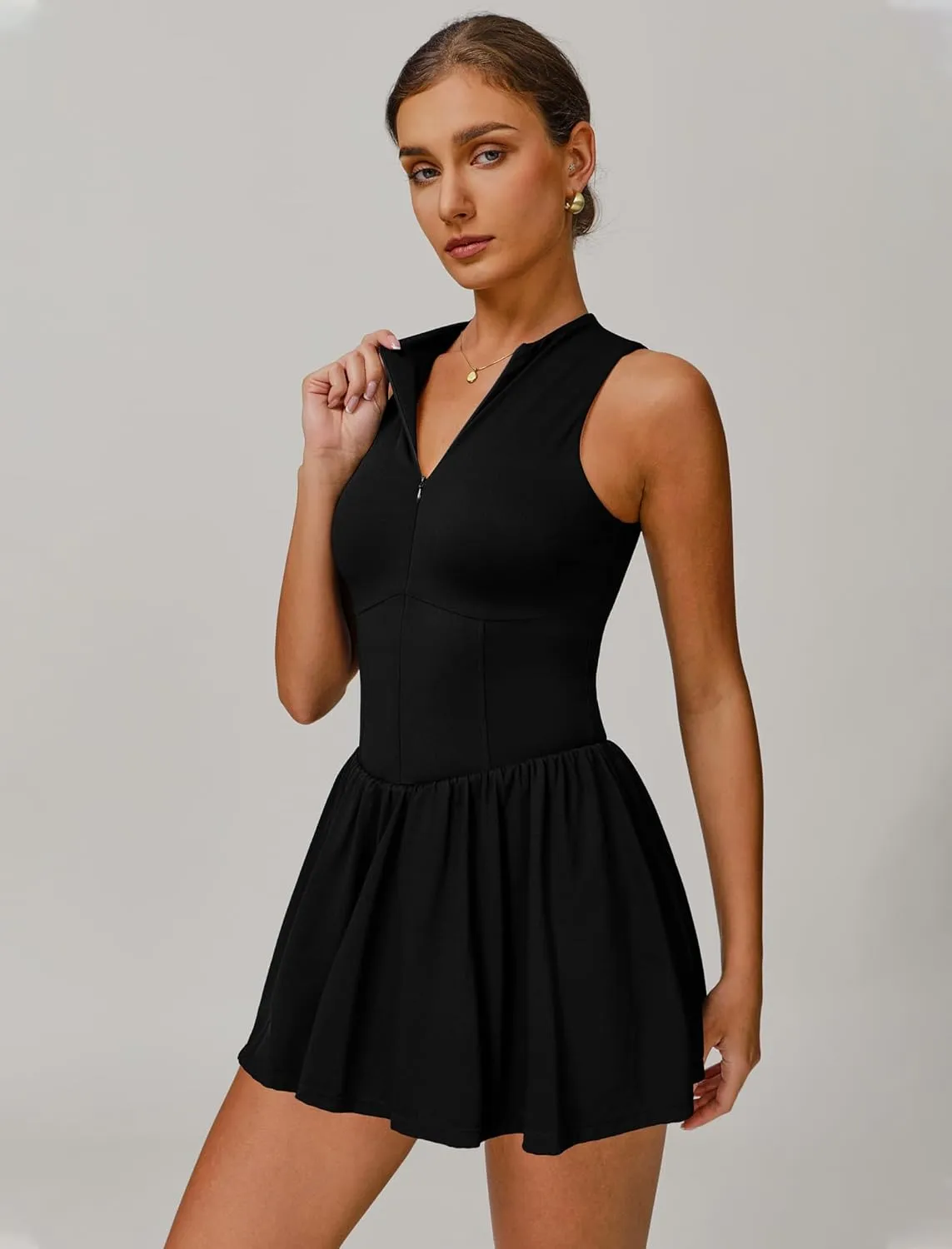 Womens Tennis Golf Dress with Built-in Bra Shorts Zipper Slim Fit A-line Hem Skirt Athletic Dresses with Pockets