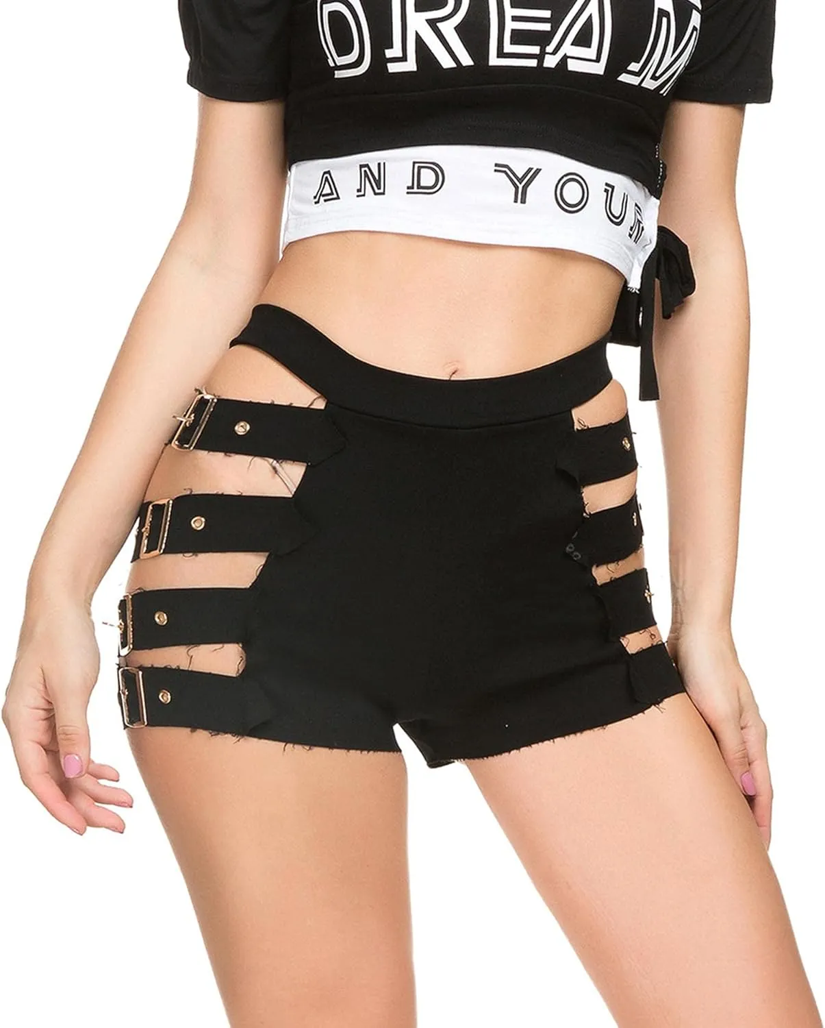 xxxiticat Women's Hollow Out Club Shorts Mid Waist Buckle Closure Side See Througn Hot Pants Bodycon Short Skinny Trousers