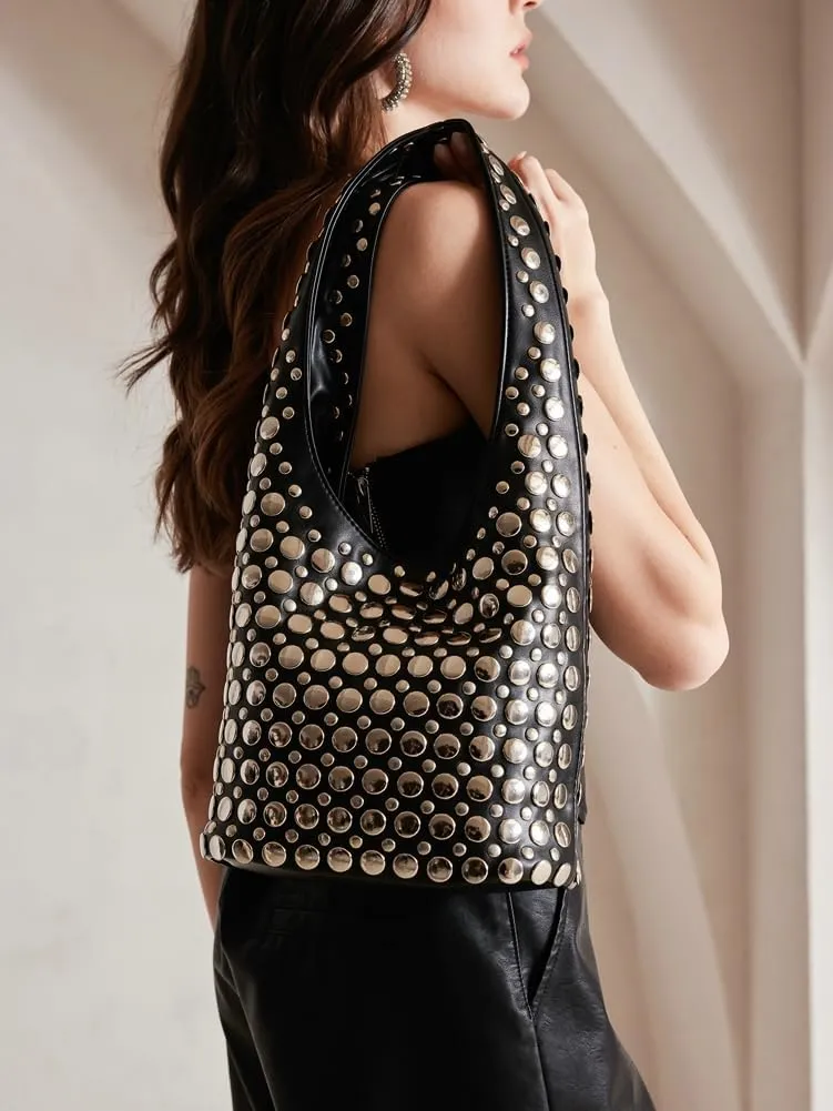 Y2k Purse Studded Purse Bucket Bags for Women Punk Purses for Women PU Leather Hobo Bag Trendy Shoulder Bag Underarm Bag
