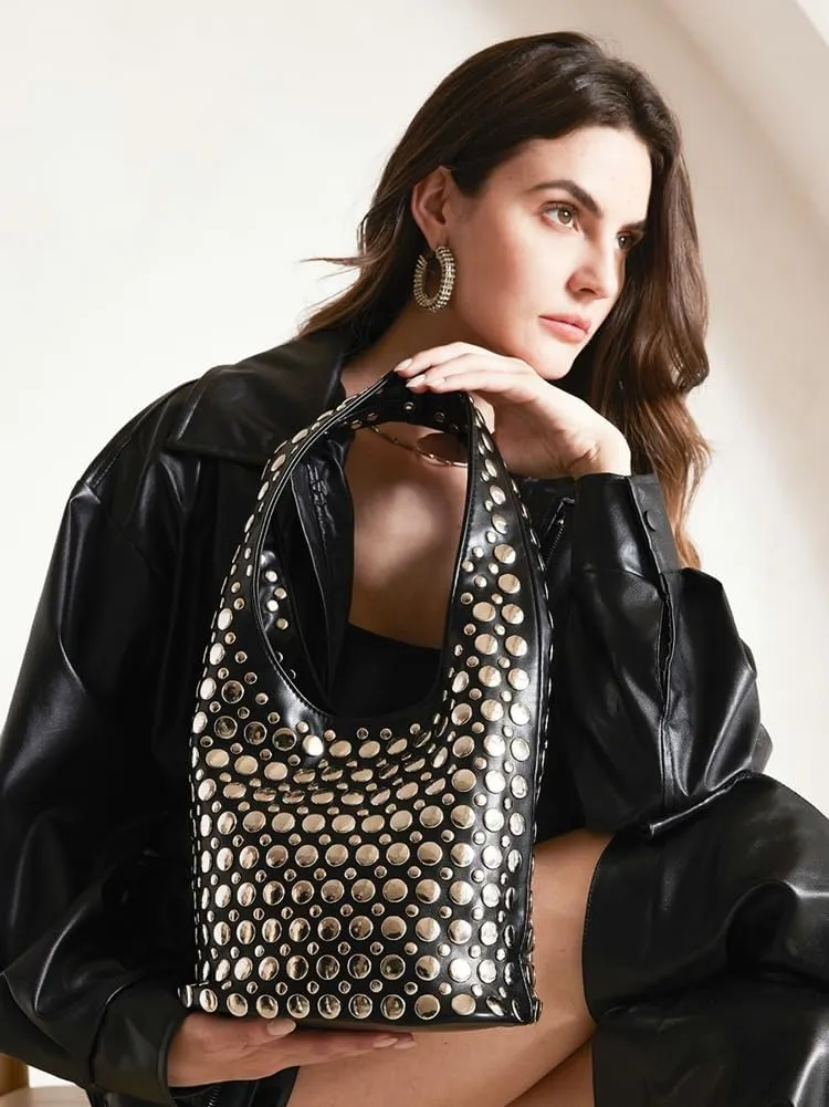 Y2k Purse Studded Purse Bucket Bags for Women Punk Purses for Women PU Leather Hobo Bag Trendy Shoulder Bag Underarm Bag