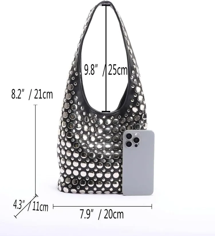 Y2k Purse Studded Purse Bucket Bags for Women Punk Purses for Women PU Leather Hobo Bag Trendy Shoulder Bag Underarm Bag