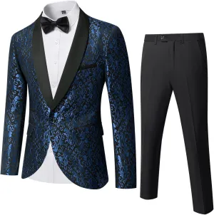 YND Men's 2 Piece Slim Fit Suit Set, One Button Shawl Lapel Floral Pattern Party Blazer, Jacket Pants with Bow Tie
