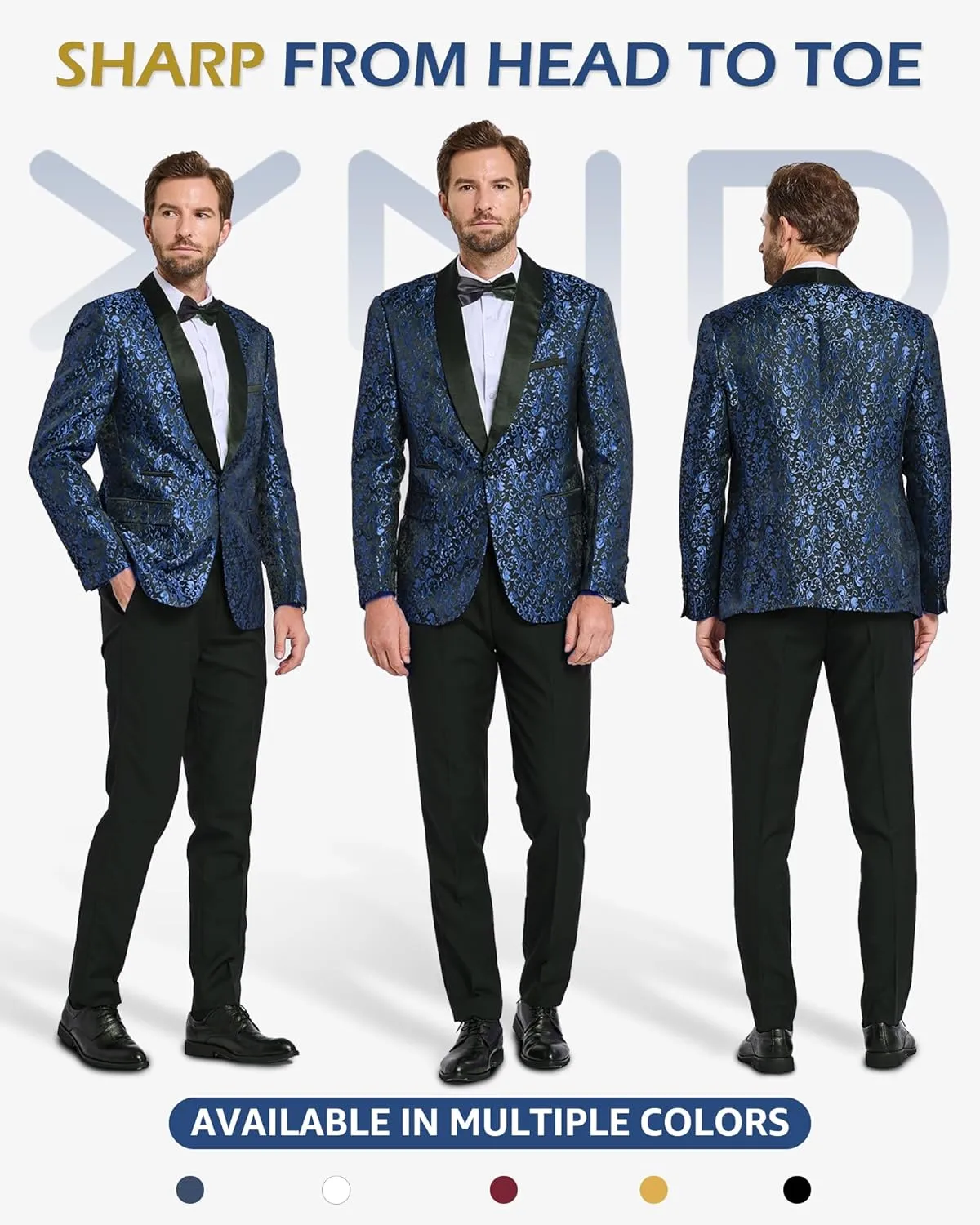 YND Men's 2 Piece Slim Fit Suit Set, One Button Shawl Lapel Floral Pattern Party Blazer, Jacket Pants with Bow Tie