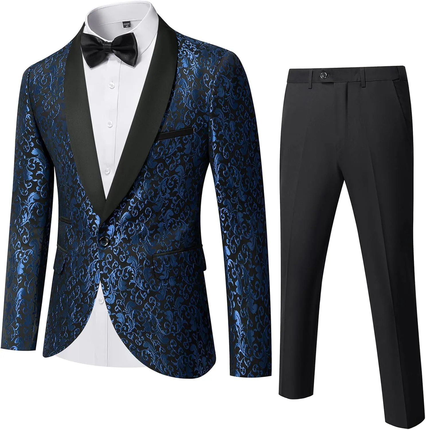 YND Men's 2 Piece Slim Fit Suit Set, One Button Shawl Lapel Floral Pattern Party Blazer, Jacket Pants with Bow Tie