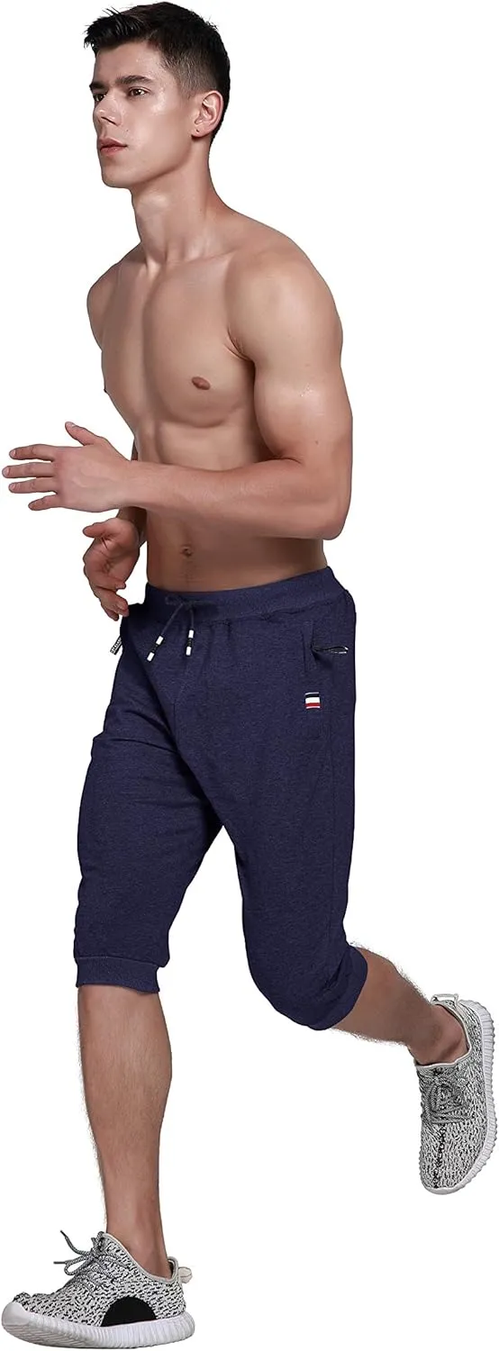 YSENTO Men's Cotton Casual 3/4 Jogger Running Capri Pants Below Knee Gym Workout Shorts Zipper Pockets