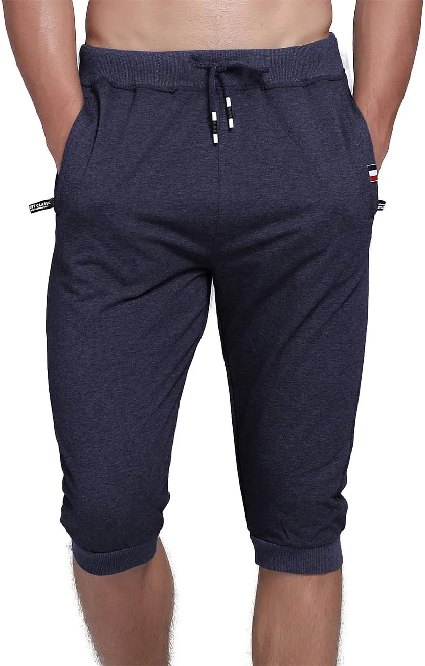 YSENTO Men's Cotton Casual 3/4 Jogger Running Capri Pants Below Knee Gym Workout Shorts Zipper Pockets